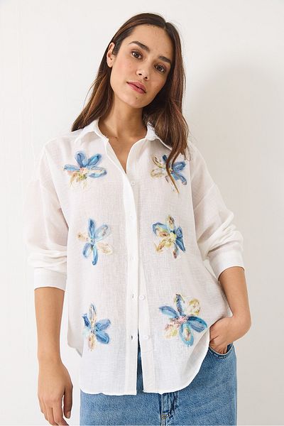 Bianco Lucci Women's Tulle Floral Accessory Long Sleeve Cotton Shirt 6526 60283057