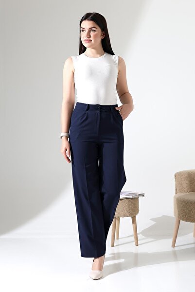 ENFİ GİYİM بنطال Palazzo ذو أرجل واسعة ونسيج مزدوج وخصر عالي