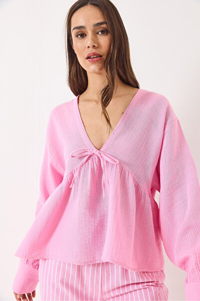 Bianco Lucci Kadın V Yaka Bağlama Detaylı Müslin Bluz 1003 60283051