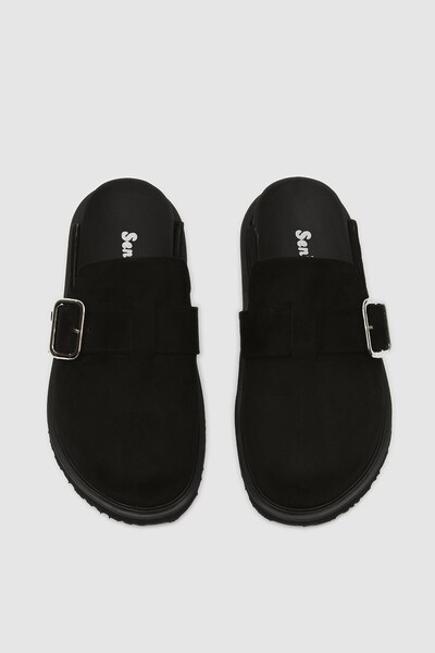 Seniorah Μαύρες σουέτ γυναικείες παντόφλες από φελλό Sabo