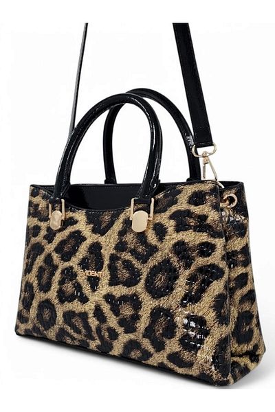 Evident Black Patent Leather Printed Leopard Patterned Women's Handbag with Pocket Detail and Shoulder Strap