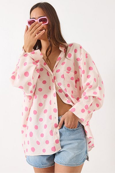 Bianco Lucci Women's V-Neck Polka Dot Single Pocket Detailed Oversize Cotton Shirt 8212-6 60283053