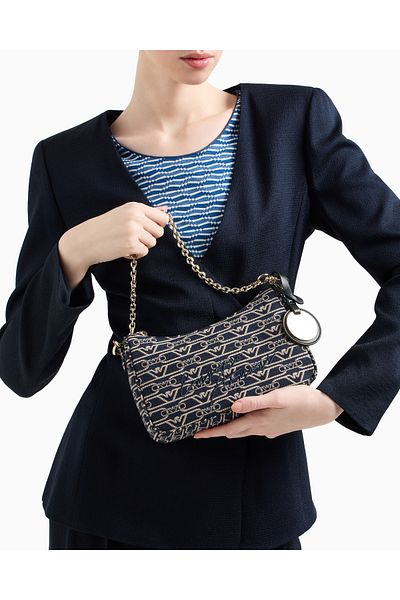 Emporio Armani Women's Yum Surface Eagle Logo Jacquard Zippered Tote Navy Blue Shoulder Bag Ew 001892   Af16095-Fb237