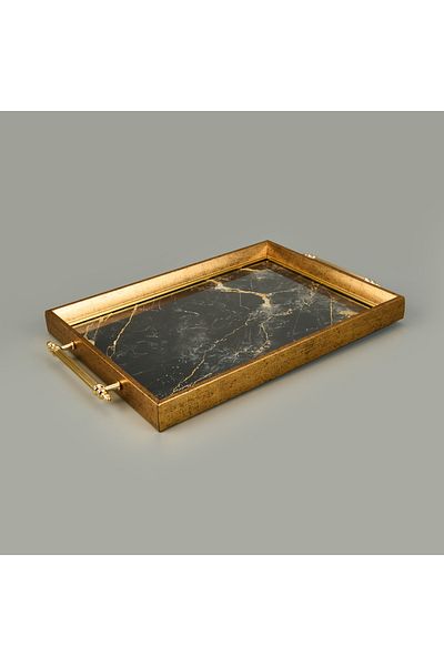 Evidea Kitchen Marble Patterned Acrylic Tray - Black / Yellow - 43 cm