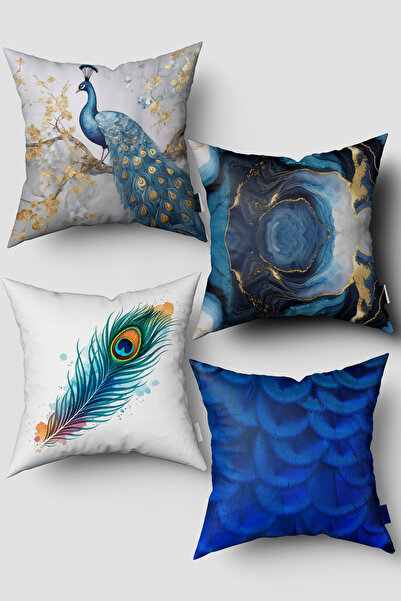 EsnafAli مجموعة من 4 أغطية وسائد منقوشة بريش الطاووس الاستوائي الأزرق