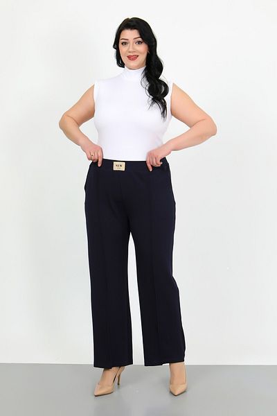 By Alba Collection Women's Navy Blue Elastic Waist Lycra High Waist Large Size Trousers