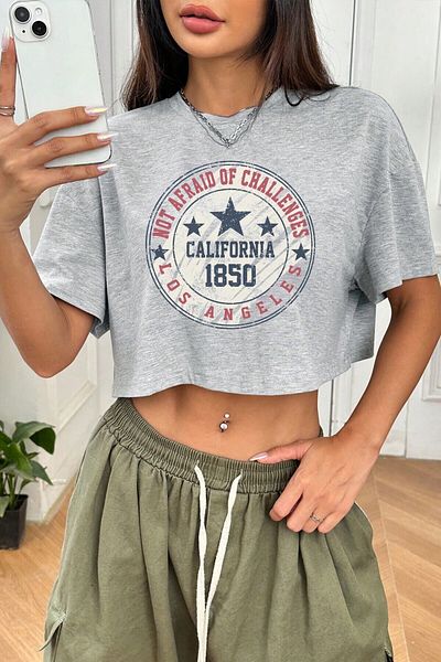 Trendseninle Tricou crop cu imprimeu Los Angeles 1850, gri pentru damă