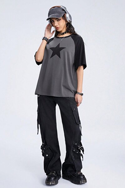 Trendseninle Μπλουζάκι Unisex Smoked Raglan Sleeve Crew Neck Star με στάμπα oversize