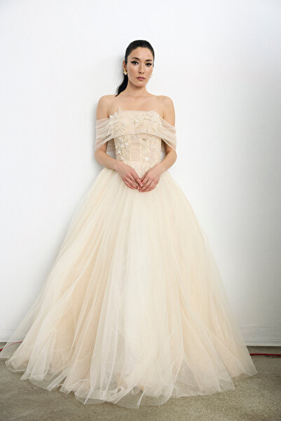 cercis Çiçek Aplikeli Simli Tül Etek Detaylı Uzun Abiye Elbise