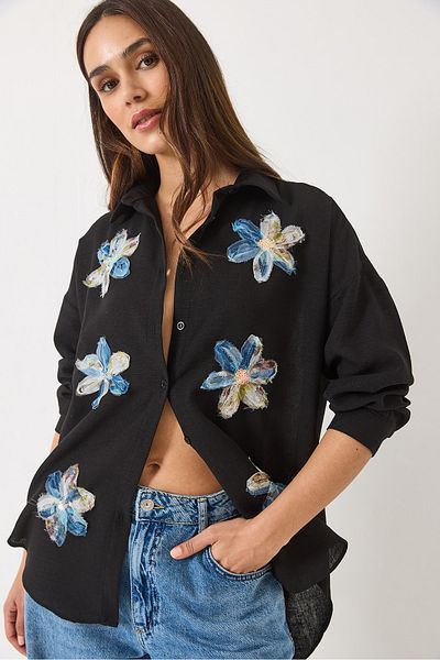 Bianco Lucci Women's Tulle Floral Accessory Long Sleeve Cotton Shirt 6526 60283057