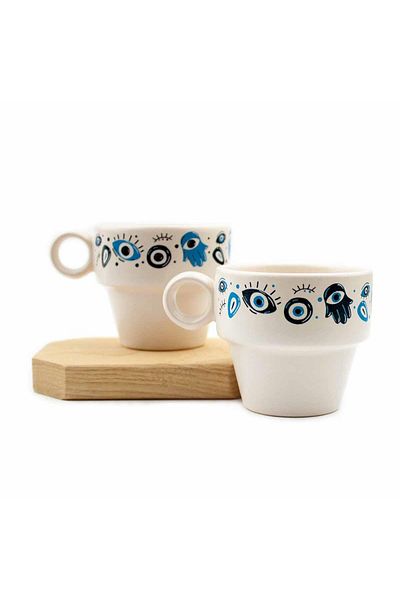 PALTO TASARIM Set of 2 Espresso Cups - Evil Eye Bead and Hamsa Themed, Gift Ceramic Cup