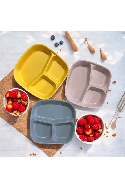 HOLLYHOME 3 Adet 3 Bölmeli Kahvaltı Tabağı Plastik Piknik Kamp Çerez Yemek Servis Tabağı 21,5x23x3,5cm
