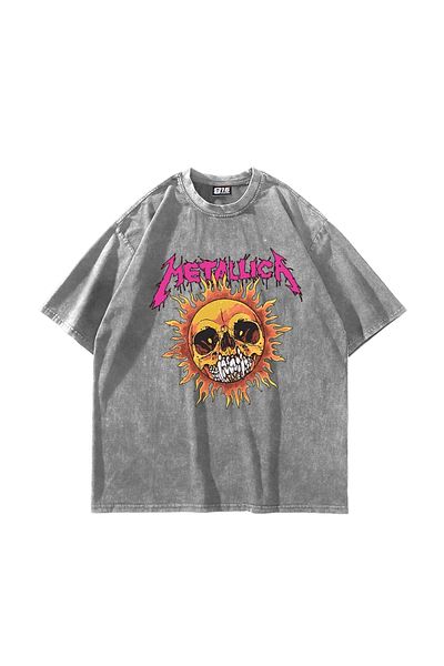 Sekizbiraltı Metallica Sun Printed Oversize Unisex Πλενόμενο Λευκό Tshirt