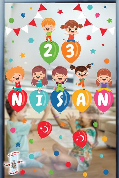 MSticker 23 Nisan Temalı Bayraklı Çift Taraflı Baskılı Sticker Seti, 23 Nisan...