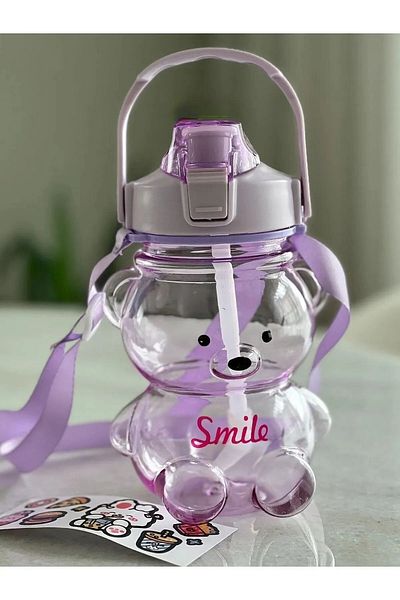 Hediye Ofisi 1000ml Water Bottle with Colorful Smile Teddy Bear - Tritan Bpa Free Sticker Gift