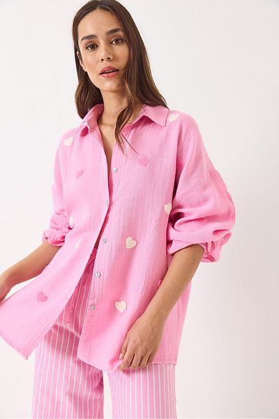 Bianco Lucci Women's Süzene Heart Embroidered Oversize Muslin Shirt 2036 60283052