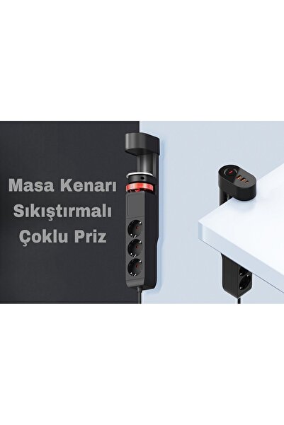 asua 3xPriz 2xUsb 1xType-C Girişli Priz Masa Kenar Sıkıştırmalı Priz Masaüstü Montaj Akım Koruma Prizi