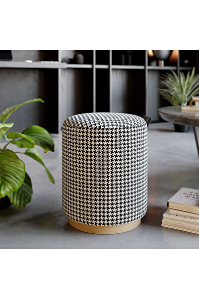 İNARCH DİZAYN Macaria Puf, Oturma Odası, Antre Puf, Beyaz-Siyah, Gold Metal Ayak