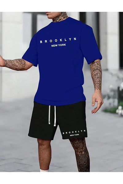 NO 601 Ανδρικό μπλουζάκι Saks Blue Tshirt Brooklyn New York εμπριμέ μαύρο σορτς
