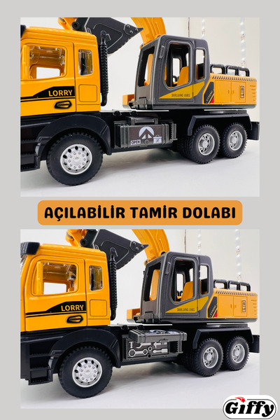 giffy Oyuncak İş Makinesi Sesli Işıklı Çek Bırak Vinç, Kule Vinç ve Kepçe 30 Cm Aksesuarlı Kapıları Açılan
