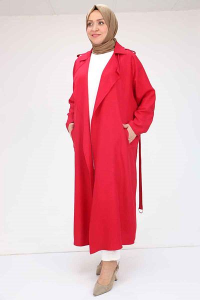 Eslina 53003 Large Size D Ring Detailed Trench Coat - Claret Red