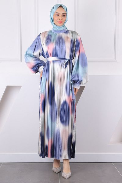 İmajButik Πλισέ φόρεμα με μπλε ναυτικό μέση