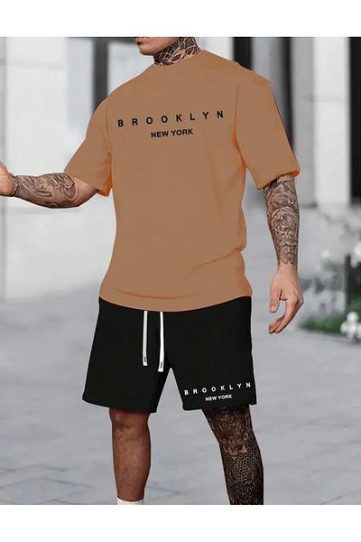 NO 601 Ανδρικό μπλουζάκι μπεζ μπλουζάκι Brooklyn New York εμπριμέ μαύρο σορτς