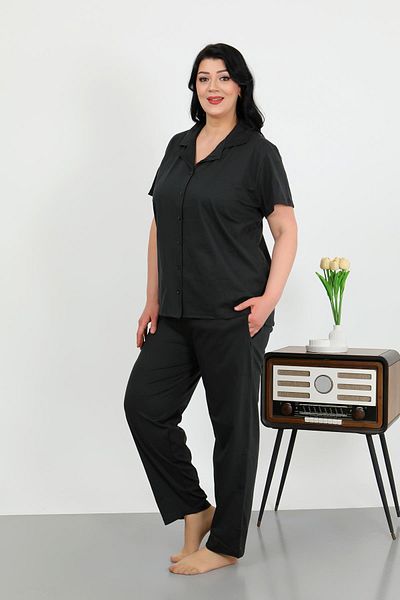 Akbeniz Women's Plus Size Cotton Pocket Buttoned Black Pajama Suit 202507