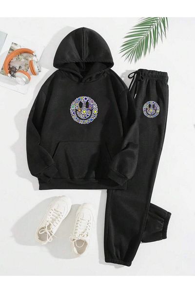 RPT MODA Oversized Flower Emojis Print Detail Hooded Kangaroo Pocket Double Set Tracksuit Bottom and Top