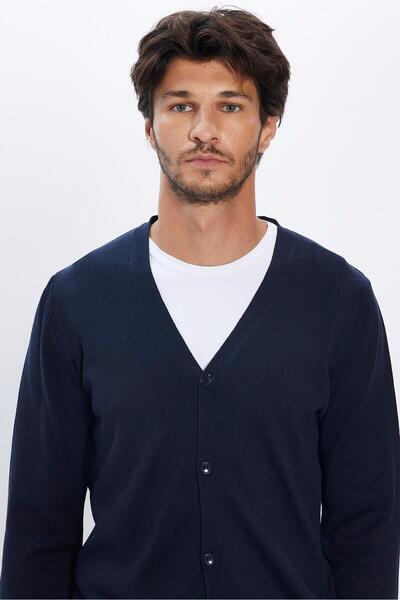 Tudors Men's Slim Fit Buttoned Plain Cotton Blue Navy Blue Cardigan