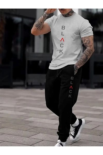 PAVRO Men's Oversize Tracksuit Set Black Printed Tracksuit Set