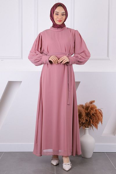 İmajButik Φόρεμα σιφόν με βολάν με λαιμόκοψη σε πούδρα