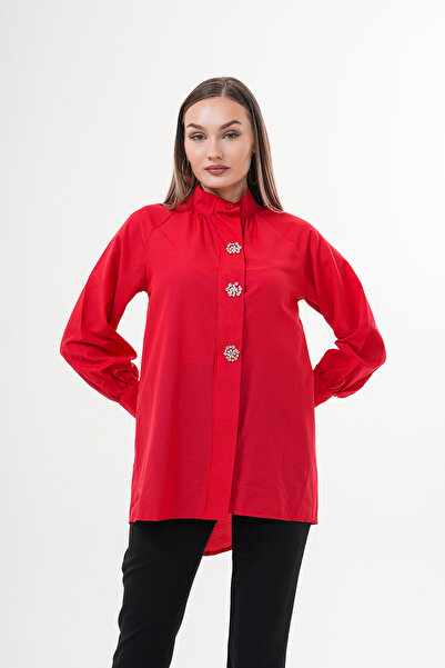 Amorti Kadın Kırmızı Kar Tanesi Düğme Detaylı Gömlek