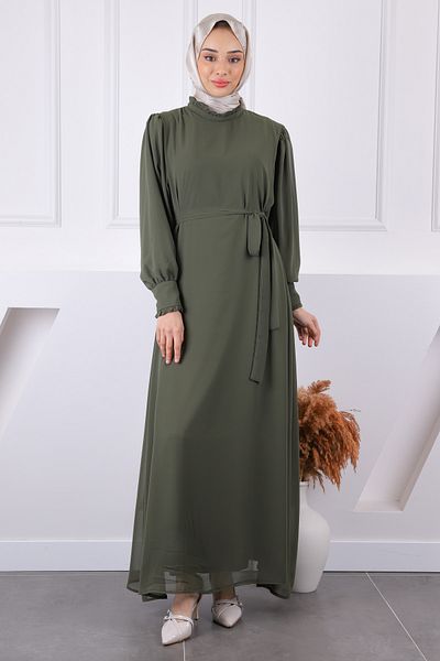 İmajButik Φόρεμα σιφόν με βολάν με χακί γιακά