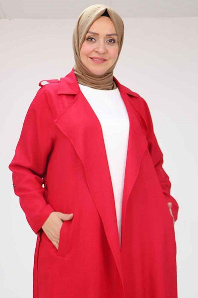 Eslina 53003 Large Size D Ring Detailed Trench Coat - Claret Red