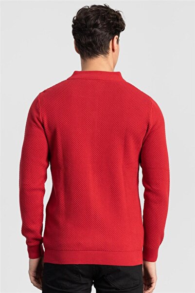 Tudors Men's Patterned Half Turtleneck Zippered Red Cardigan