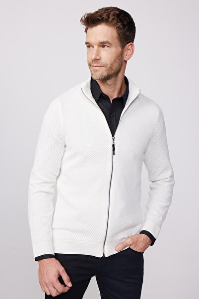 Tudors Men's Patterned Half Turtleneck Zippered White Cardigan