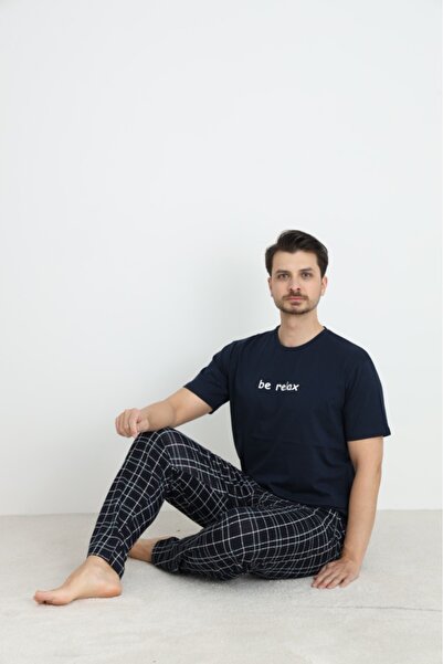 CALİA Чоловічий піжамний комплект з коротким рукавом, без коміра, з кишенями, 100% бавовна