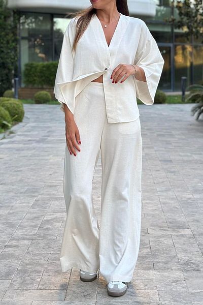 Suzi Women's Stone Color Linen Single Button Kimono Pants Suit 4S5139