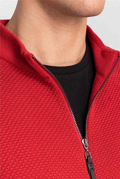 Tudors Men's Patterned Half Turtleneck Zippered Red Cardigan