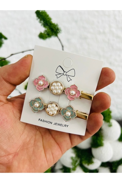 Derin Düşler Adult Children Hair Clip Set 2 Pcs Pink Green Stone Hair Clip