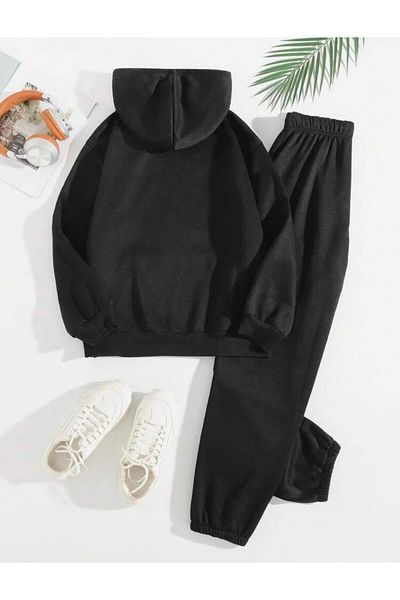 RPT MODA Oversized Flowers Printed Detail Hooded Kangaroo Pocket Double Set Tracksuit Bottom and Top
