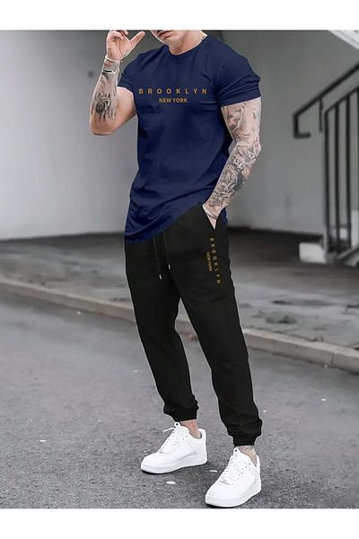 PAVRO Men's Oversize Tracksuit Set Colorful Brooklyn Printed Tracksuit Set