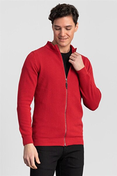 Tudors Men's Patterned Half Turtleneck Zippered Red Cardigan