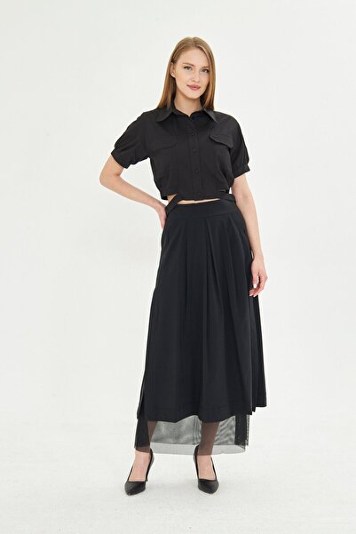 LAMANTE BEL DETAYLI SİYAH CROP GÖMLEK