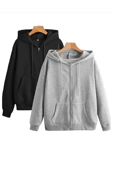 NO 601 Unisex Gray-Black 2-Piece Zippered Hooded Cardigan Jacket