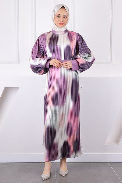 İmajButik Ροζ φόρεμα με πλισέ με ζώνη