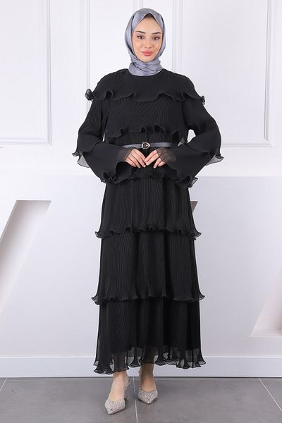 İmajButik Μαύρο φόρεμα σιφόν με πλισέ με ζώνη