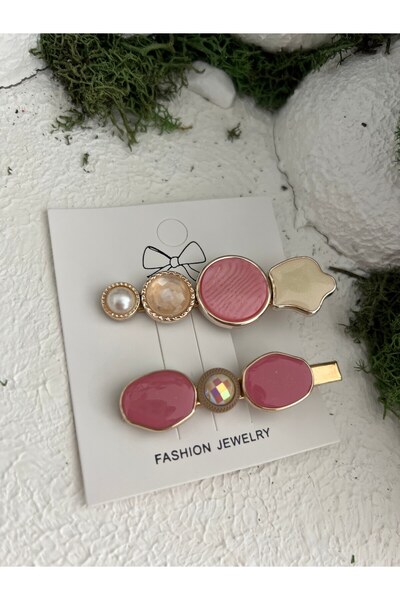 Derin Düşler Adult Children's Hair Clip Set of 2 Pink Cream Stone Hair Clips