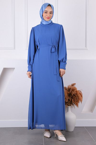 İmajButik Φόρεμα σιφόν με βολάν με γιακά Indigo
